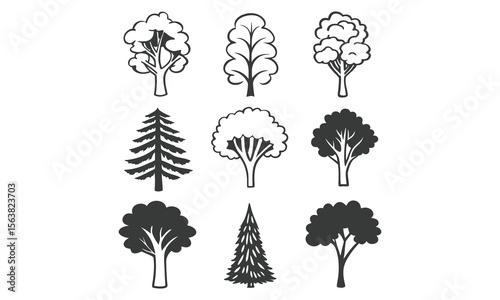 Collection of Hand-drawn Tree Sketches in Black and White