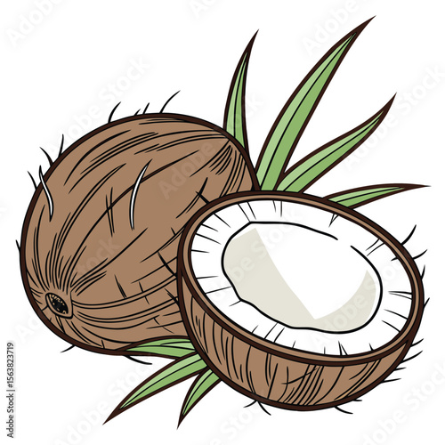 Two Coconuts with Fronds Tropical Fruit Still Life Illustration Graphic Art
