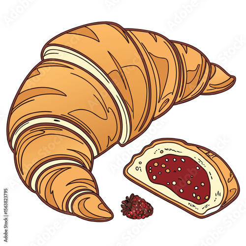 Delicious croissant with jam filling and a berry illustration on a white background