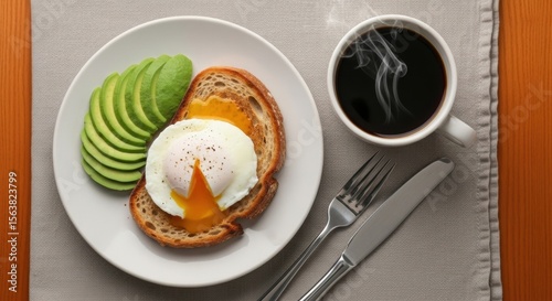 Wallpaper Mural Delicious breakfast with avocado, poached egg on toast, and aromatic coffee Torontodigital.ca