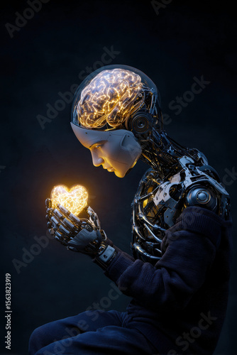 A humanoid robot contemplates a glowing heart, blending technology with emotion.