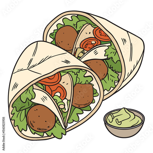 Delicious falafel wraps with fresh vegetables and a side of creamy sauce