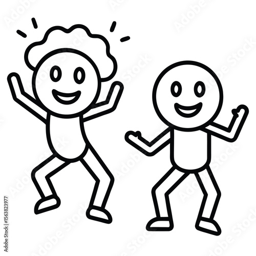 Two Happy Line Emojis Dancing Joyful Simple Black Line Art Characters lineart