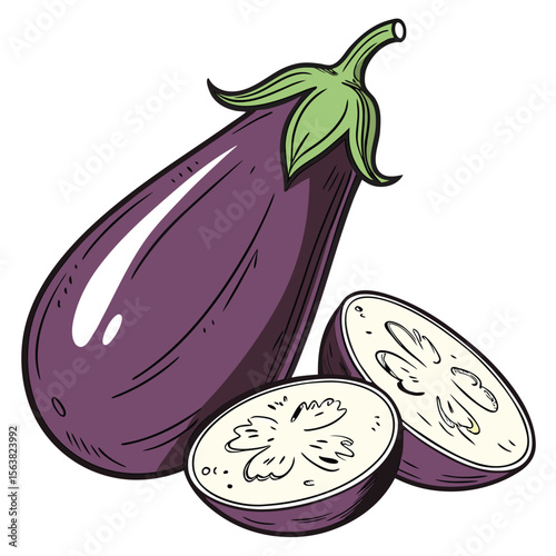 Vibrant and Fresh Eggplant Still Life with Two Sliced Aubergines