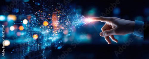 A hand reaching out towards a burst of light and digital particles, symbolizing the connection between technology and humanity, showcasing the power of innovation and creativity.