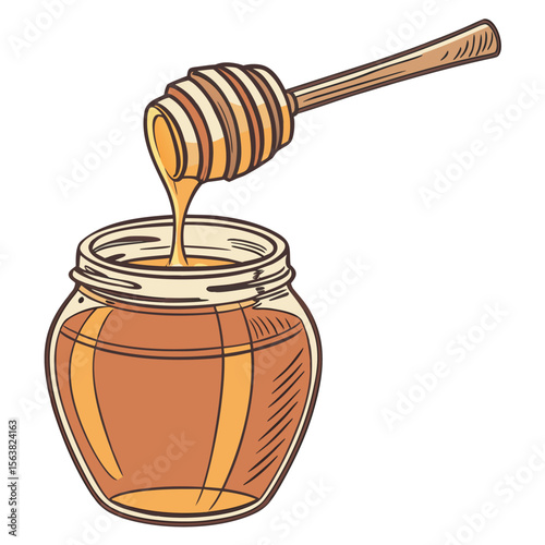 Illustration of dripping honey from a dipper into a glass jar