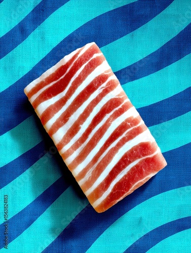 Marbled Meat with White Stripes on Blue and White Textured Background