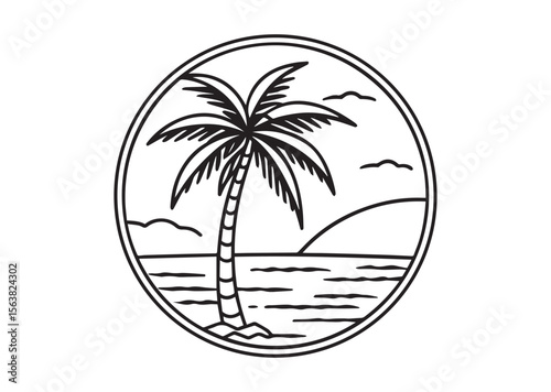 Beach with Palm Tree Silhouette Vector, Beach with Palm Tree Icon