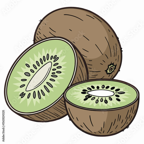 Vibrant kiwi fruit arrangement showcasing sliced halves and a whole fruit depiction