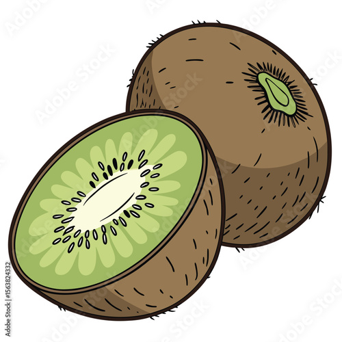 Two Fresh Kiwis, One Cut in Half, with Vibrant Green Flesh