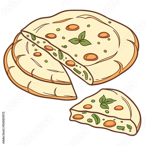 Hand drawn pizza pie with one slice removed and separate slice