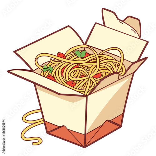 Delicious takeout box filled with spaghetti, tomato sauce, and fresh herbs