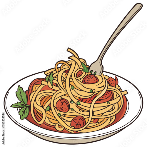 Illustration of spaghetti with tomato sauce and basil on a plate