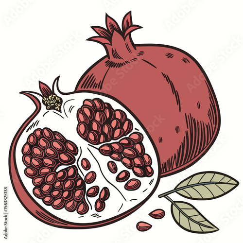 Pomegranate fruit, both whole and halved with seeds, on a white background