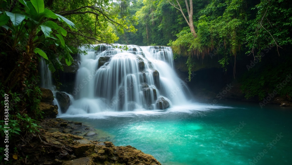 Fototapeta premium Beautiful waterfall cascading into a clear pool in a lush green forest