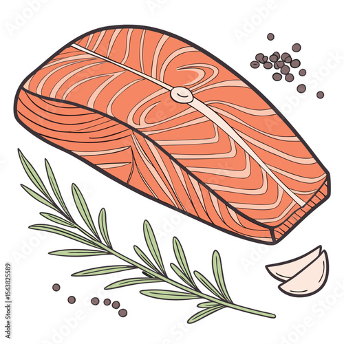 Delicious looking salmon fillet served with fresh rosemary and seasonings illustration