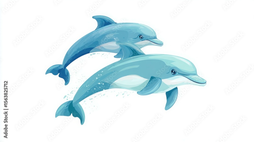 Obraz premium Cute Flat Blue Dolphins Jumping – Cartoon Vector Illustration