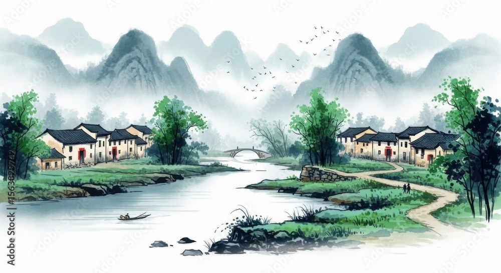 Fototapeta premium Serene Traditional Chinese Village Landscape Painting