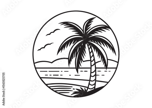 Beach with Palm Tree Silhouette Vector, Beach with Palm Tree Icon