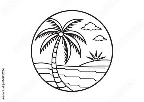 Beach with Palm Tree Silhouette Vector, Beach with Palm Tree Icon