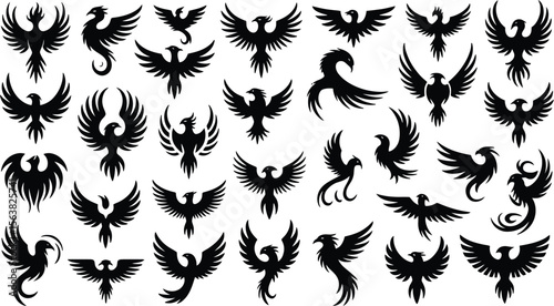 Mythical birds soaring with spread wings phoenix silhouette