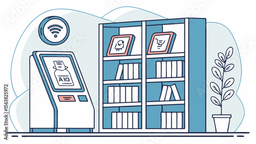 Automated Library Kiosk with Bookshelf and Plant Illustration