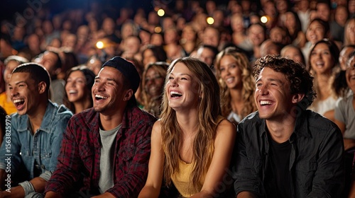 Group of young adults laughing together while watching a comedy show in a crowded theater or cinema