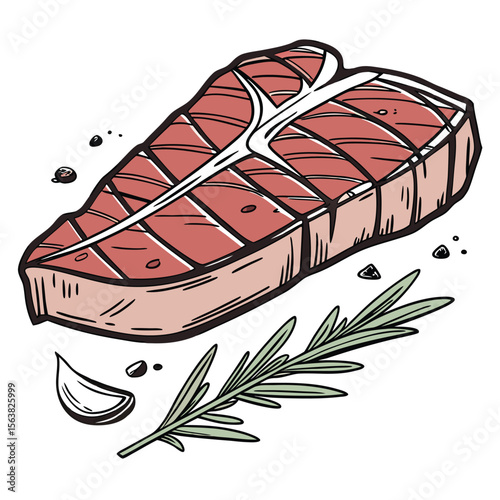 Delicious Tbone steak illustration with rosemary sprig, peppercorns, and garlic