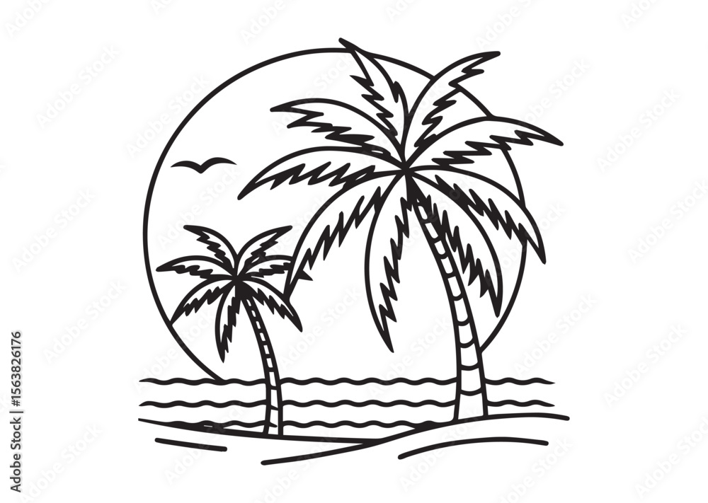 Beach with Palm Tree Silhouette Vector, Beach with Palm Tree Icon Beach with Palm Tree Silhouette Vector, Beach with Palm Tree Icon