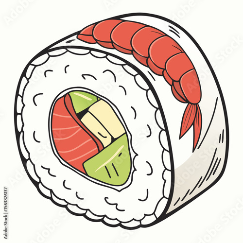 Cartoon Shrimp Tempura Sushi Roll with Salmon Avocado and Cream Cheese