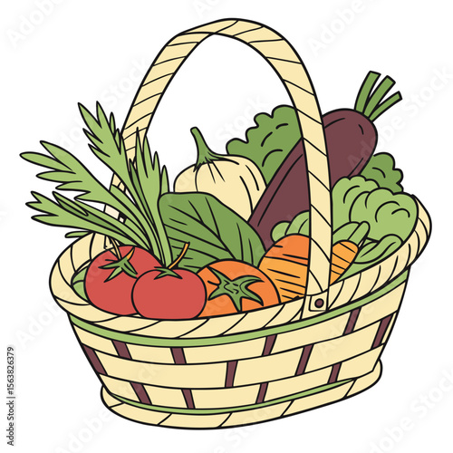 Wicker basket filled with a variety of fresh garden vegetables and fruits