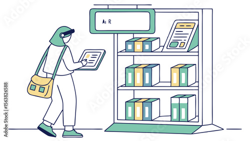 Woman Shopping with Tablet at Store Shelf, Flat Vector Illustration