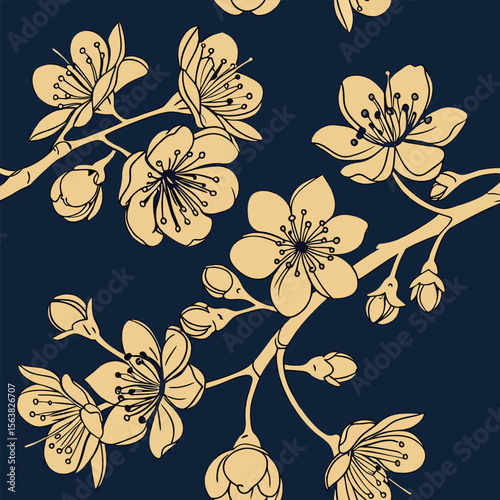 Elegant floral pattern of cherry blossom with branches on dark background