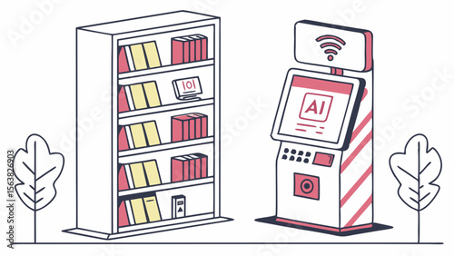 AI-Powered Library: Bookcase and Tech Kiosk Illustration
