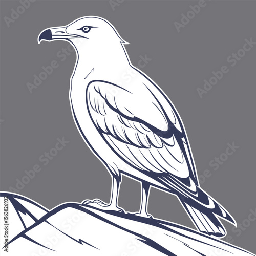 Stylized illustration of a seagull perched on rocks with simple design