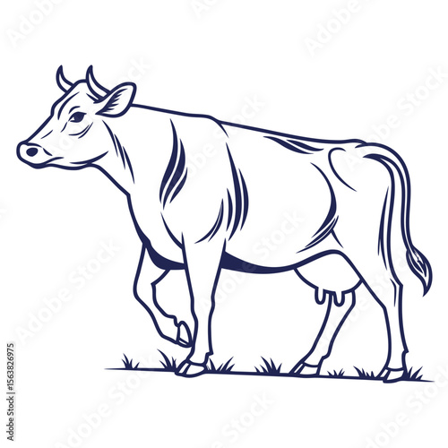 Elegant line art illustration of a Holstein cow walking gracefully forward