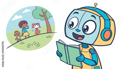 Robot Reading a Storybook with Children Illustration