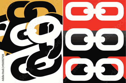 A dynamic abstract image combining stylized chain links in black and white against various backgrounds, including gold, red, and black, suggesting connection, strength, or digital linking.
