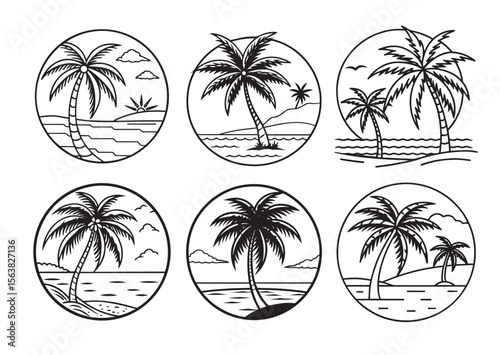 Beach with Palm Tree Silhouette Vector, Beach with Palm Tree Icon Set
