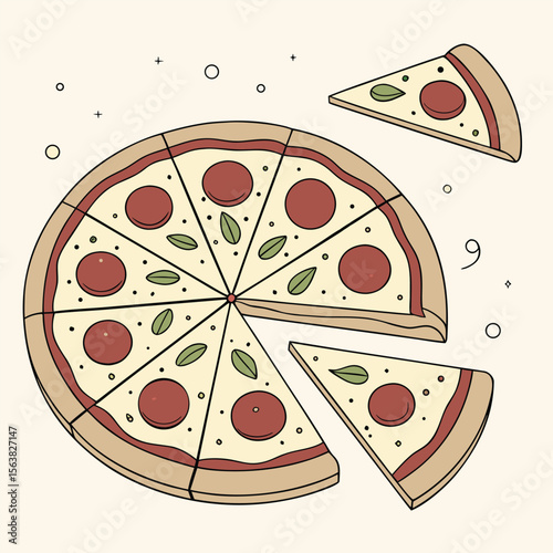 Cherry pizza vector illustration: a tasty Italian meal with cheese, tomato, and pepperoni slices, perfect for a delicious lunch or dinner at a restaurant