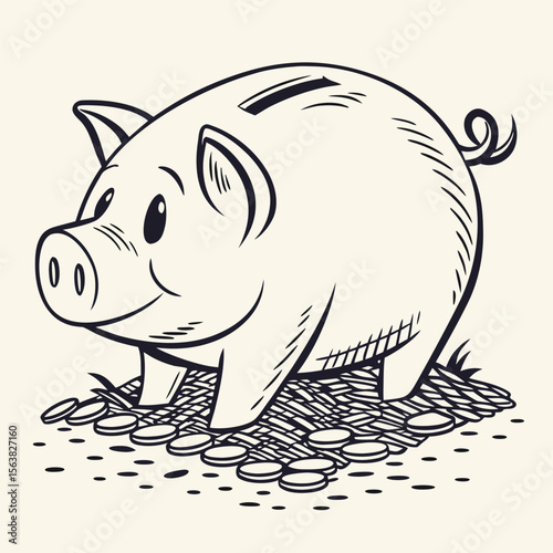 Piggy bank standing on a pile of coins with financial savings theme