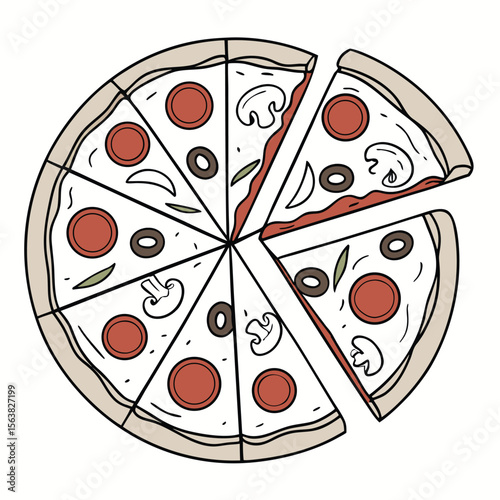 Delicious Italian pizza slice vector illustration with cherry tomato and hot pepperoni