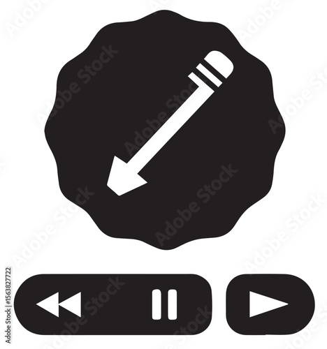 
A black jagged-edged circle with a white diagonal arrow, accompanied by media playback controls (rewind, pause, play), symbolizing multimedia interaction or content creation.