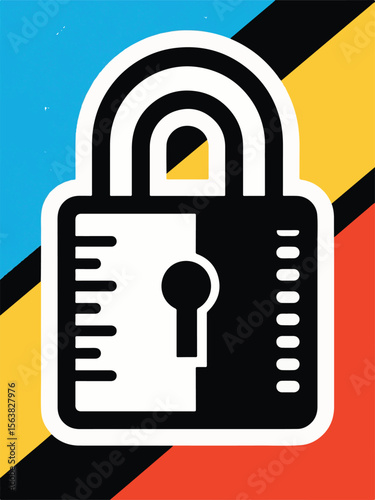 A colorful vector illustration of a padlock, split down the middle with one side white and the other black, set against a background of blue, yellow, and red diagonal stripes.