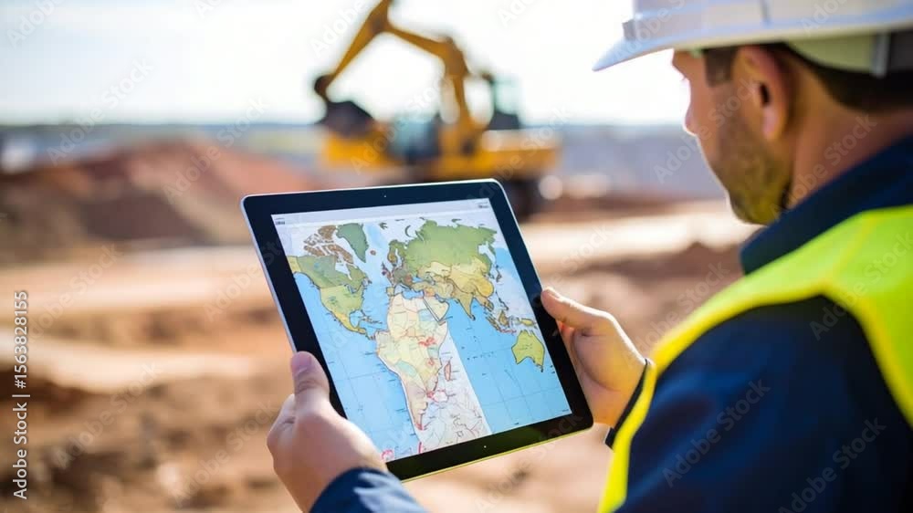 Construction worker studying world map