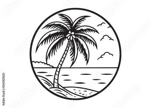 Beach with Palm Tree Silhouette Vector, Beach with Palm Tree Icon
