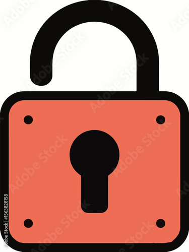 A simple vector icon of an unlocked padlock in a reddish-orange hue with a black outline, indicating openness or access.