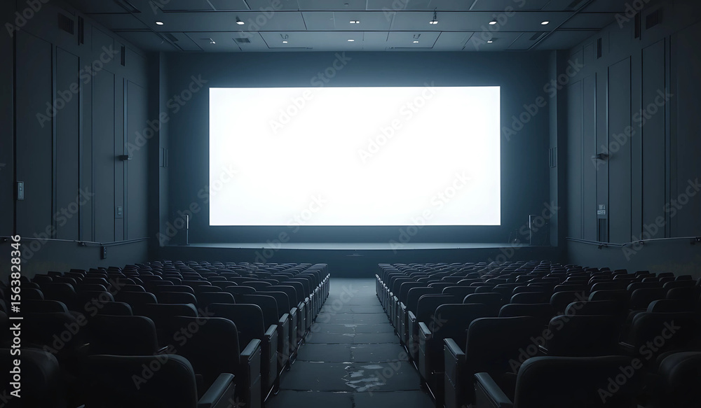 Fototapeta premium A wide shot of an empty movie theater with a bright, blank screen. The dark, quiet atmosphere creates a sense of anticipation and potential.