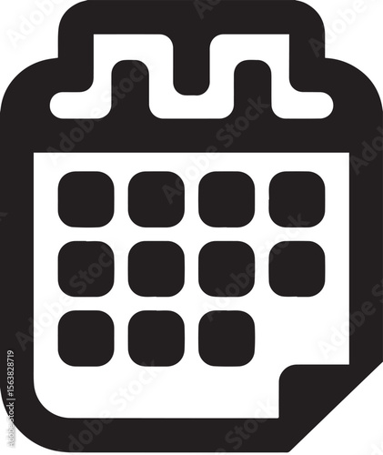 A black calendar icon showing a month grid with a curled page corner, representing scheduling, events, or time management.