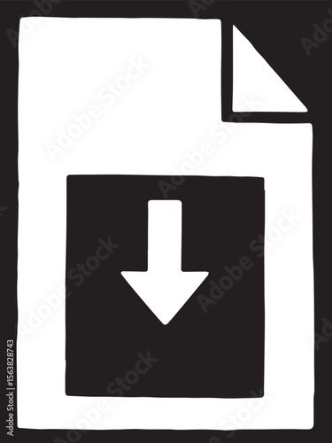 A black and white vector image featuring a document icon with a folded corner, and a prominent downward-pointing arrow inside, signifying a download action.